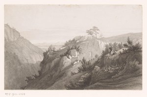 Paisagem de montanha com uma figura esculpida na rocha e cinzelada na rocha de Auguste Numans (attributed to)
