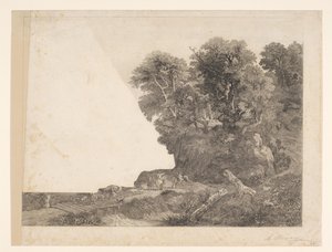 Paisagem com animais e figuras em uma estrada ao longo de um rio de Auguste Numans