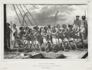 Baía de Houa-Houa, Nativos a executar uma dança a bordo do Astrolabe (Nova Zelândia), [Uawa/Tolaga Bay, Natives Performing a Haka on Board the Astrolabe (New Zealand)]