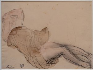 Mulher deitada, seminua e com os braços cruzados atrás da cabeça de Auguste Rodin