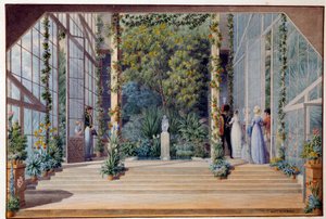 Uma visita à quente estufa do castelo de Malmaison Aquarelle por Auguste Garneray (1785-1824) 1823 Sol. 0,16x0,24 m Malmaison, musee du chateau