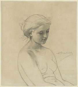 Nu feminino sentado, três quartos à direita, meio comprimento de Auguste Toulmouche