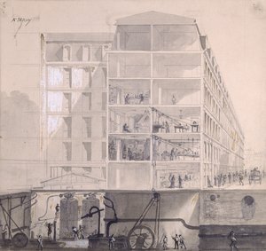 Seção transversal da moradia dos trabalhadores no XI Arrondissement de Paris, c.1875 (caneta e tinta e guache sobre papel)