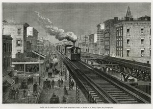 Linha dupla da Linha Aérea na Seventh Avenue, New York, New York. Edouard de Laveleye, em 1878-1879, publicado no Tour du monde, sob a direção de Edouard Charton (1807-1890)