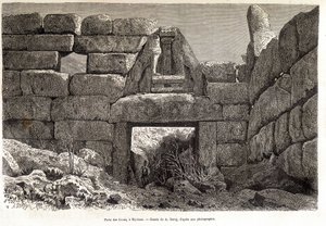 Porta dos Leões em Micenas - desenho de A. Deroy, em "Round the World" 1877 2º semestre