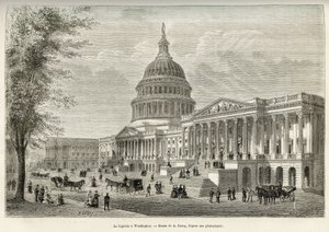 O Capitólio, sede da legislatura, construído entre 1793 e 1830, em Washington (Distrito de Columbia), a capital dos Estados Unidos. Gravura depois do desenho de A. Deroy, para ilustrar a história La conquete blanche, de William Hepworth Dixon, em 1875, p