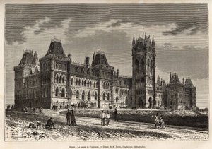 O Palácio do Parlamento em Ottawa, construído entre 1859 e 1876, gravado após um desenho de A. Deroy, ilustrando a excursão ao Canadá e ao Rio Vermelho do Norte, de H. De Lamotte em 1873, publicado em "Le tour du monde" 1875, editado por Edouard