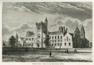 A Universidade de Toronto, desenho de A. Deroy, para ilustrar a história de uma excursão ao Canadá e ao Rio Vermelho Norte em 1873 por H. de Lamotte. Gravura em Le tour du monde de Auguste Victor Deroy