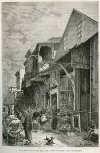 A rua das Marcas em São Francisco, que revela a presença de uma importante comunidade chinesa, uma premissa de uma futura chinatown. Gravura depois do desenho de A. Deroy, para ilustrar a história La conquete blanche, de William Hepworth Dixon, em 1875, pu
