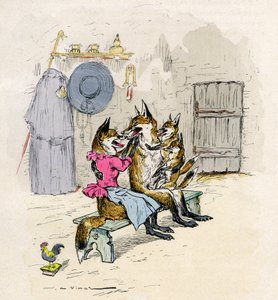 Ilustração de A. Vimar para o romance de Renart, edição Henri Laurens século 19 - Goupil e Hermeline a raposa, sua esposa, casa, com seus filhos as raposinhas - de Auguste Vimar