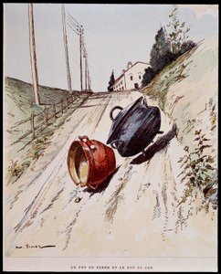 A panela de barro e a panela de ferro - em "Les Fables de La Fontaine", doente de Auguste Vimar (1851-1916), Tours, em A, Mame & Fils de Auguste Vimar
