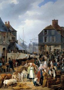 Embarque de gado no passageiro" no porto de Honfleur" Detalhe de um quadro de Auguste-Xavier Leprince (1799-1826)
