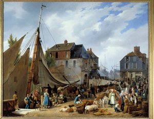 Embarque de gado no passageiro" no porto de Honfleur" Pintura de Auguste-Xavier Leprince (1799-1826) 1823. Dim. 1,3x1,6 m.