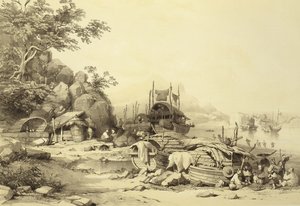 House Boats na Baía de Cowloon, placa 6 de Sketches of China, gravada por Eugene Ciceri (1813-90) 1842 (lito colorido) de Auguste after Borget
