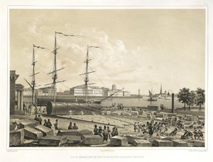 Descarregando duas colunas no Almirantado De: A construção da Catedral de Santo Isaacs, 1845 de Auguste de Montferrand