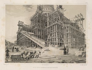 Vista da catedral cercada por andaimes de madeira De: A construção da Catedral de Santo Isaacs, 1845