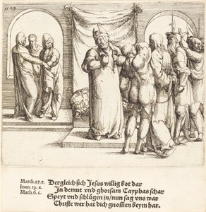 Cristo é escarnecido e Caifás rasga suas vestes, 1549. de Augustin Hirschvogel