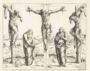 Cristo na Cruz e Maria e João Crucificação Concordância do Antigo e do Novo Testamento (título da série) Concordants alt und news Testaments (título da série) de Augustin Hirschvogel