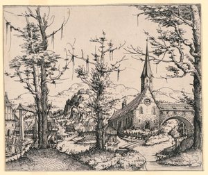 Igreja por um córrego, atravessada por uma ponte coberta de Augustin Hirschvogel