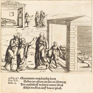 Eliseu ressuscita o filho da sunamita, 1547. de Augustin Hirschvogel