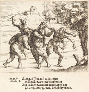 Isaías aceita a zombaria por causa de sua fé, 1549. de Augustin Hirschvogel