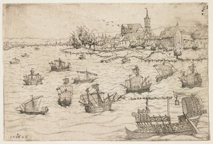 Jonas e a baleia em um lago com embarcações à vela, 1546 de Augustin Hirschvogel