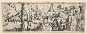 Paisagem com forte e uma igreja em um rio, 1545. de Augustin Hirschvogel