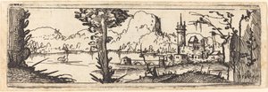 Paisagem com lago e cidade, 1545. de Augustin Hirschvogel