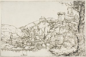 Paisagem com rio, cidade e castelo de Augustin Hirschvogel