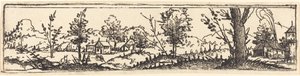 Paisagem com Seis Árvores Solteiras e Três Quintinhas. de Augustin Hirschvogel