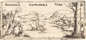 Paisagem com três cidades em chamas: Sodoma, Gomorra e Tiro. de Augustin Hirschvogel