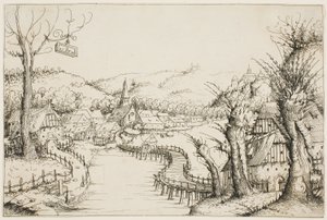 Paisagem com uma ponte de madeira curva de Augustin Hirschvogel