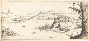 Paisagem com um grande lago no centro de Augustin Hirschvogel