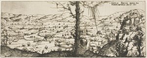 Paisagem com uma árvore no centro do primeiro plano de Augustin Hirschvogel