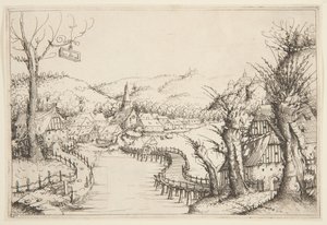 Paisagem com uma ponte de madeira sinuosa de Augustin Hirschvogel