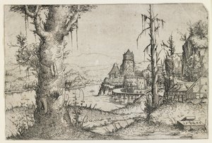 Grande Árvore e Castelo em um Lago de Augustin Hirschvogel
