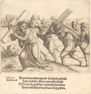 Homem carrega a cruz depois de Cristo, 1549. de Augustin Hirschvogel
