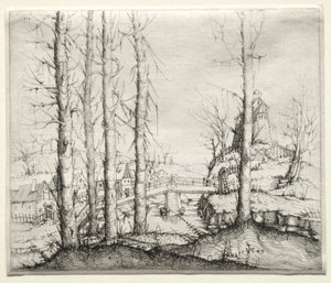 Paisagem do rio com as cinco árvores Spruce desencapadas no primeiro plano, 1549.