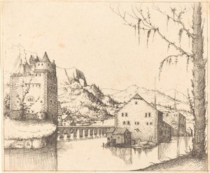 Paisagem fluvial com casas na ilha de Augustin Hirschvogel