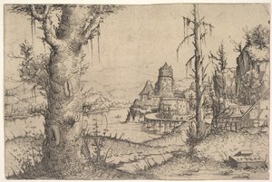 Paisagem do rio com a grande árvore à esquerda, 1546. de Augustin Hirschvogel