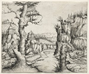 Paisagem fluvial com rochas à esquerda e à direita de Augustin Hirschvogel