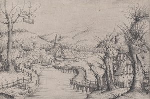 Paisagem fluvial com três salgueiros à direita e uma longa ponte de madeira sinuosa em ..., 1546. de Augustin Hirschvogel