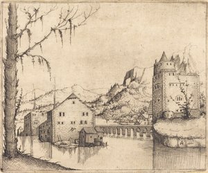 Paisagem fluvial com dois edifícios de Augustin Hirschvogel