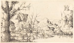 Paisagem fluvial com a tentação de Cristo, 1545. de Augustin Hirschvogel