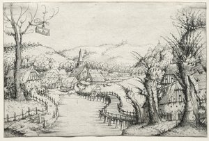 Paisagem do rio com três salgueiros nus à direita e uma longa e sinuosa ponte de madeira ..., 1546. de Augustin Hirschvogel