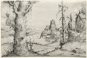 Paisagem do rio com grande árvore à esquerda de Augustin Hirschvogel