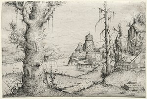 Paisagem do rio com a grande árvore à esquerda, 1546. de Augustin Hirschvogel