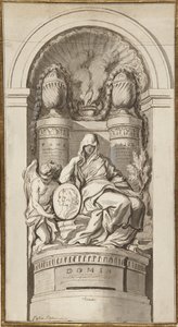 Estudo para um Monumento Funerário, 1750 (giz preto, caneta e tinta marrom, marrom e cinza, branco aumentando em duas folhas unidas) de Augustin Pajou