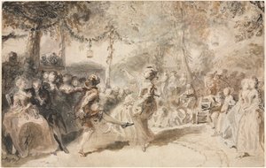 Dançarinos fantasiados tocando em uma taberna de jardim, 1756. de Augustin de Saint Aubin