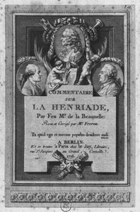 Frontispício do comentário de de la Beaumelle de &39;La Henriade&39; de Voltaire, revisado e atualizado por Freron, publicado em Berlim e Paris, 1775 de Augustin de Saint Aubin